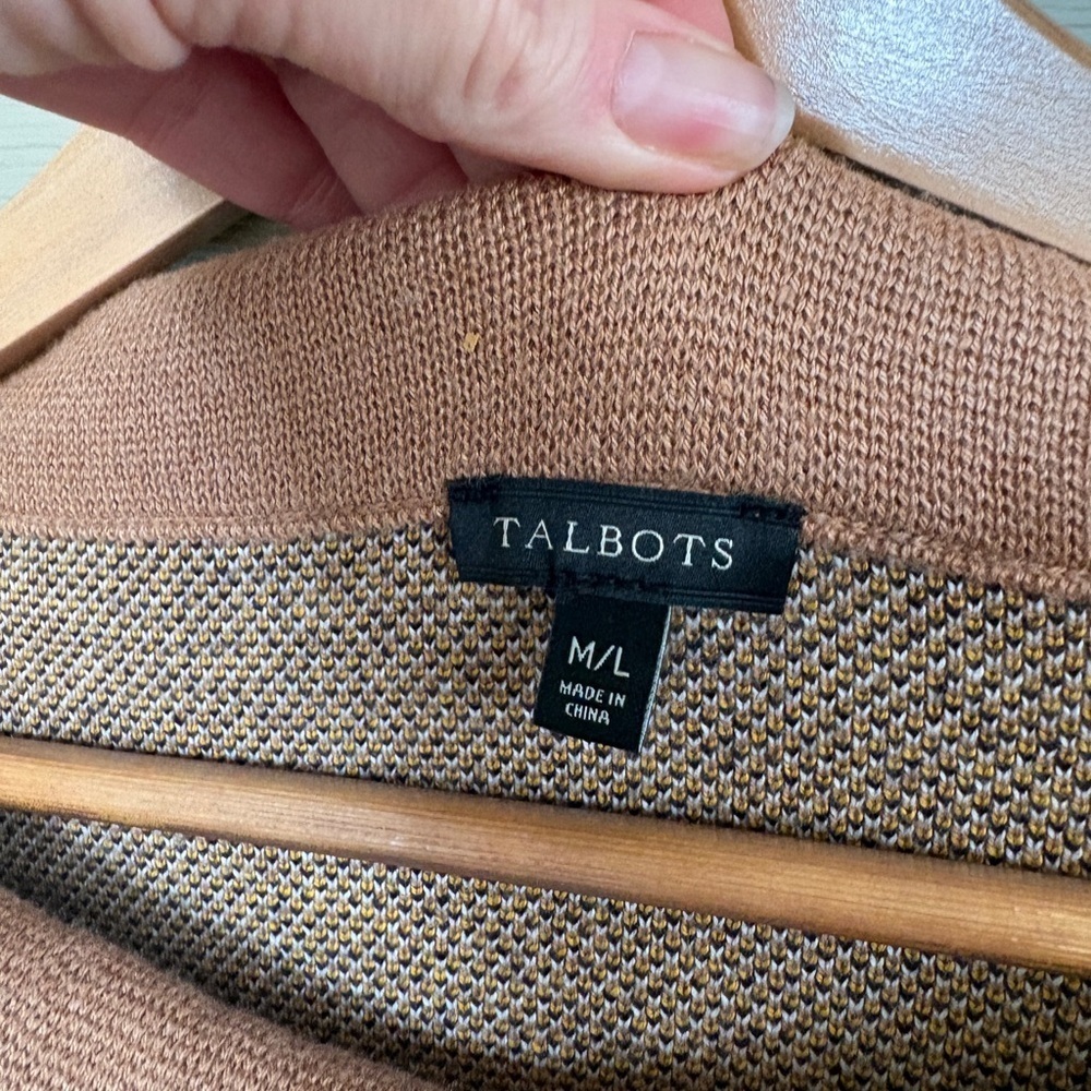 TALBOTS Sabrina poncho sweater preppy classic fall tan navy mustard EUC sz M/L - Picture 10 of 15